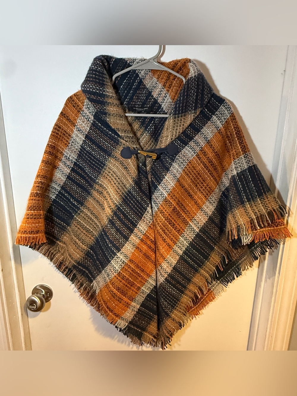 Marc New York Andrew Marc Plaid Fringe Poncho Cape Orange Navy Gold Toggle OS